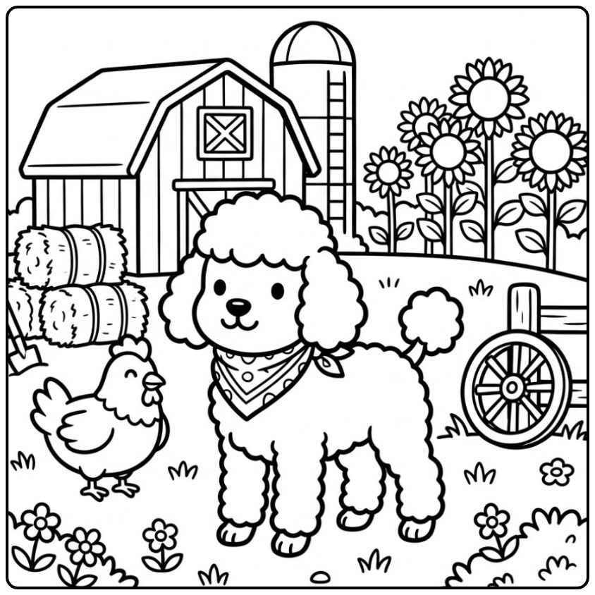 Een schattige kleurplaat poedel met een kip op de boerderij.
