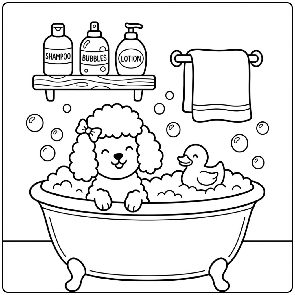 Leuke kleurplaat poedel die een bad neemt met een badeendje.