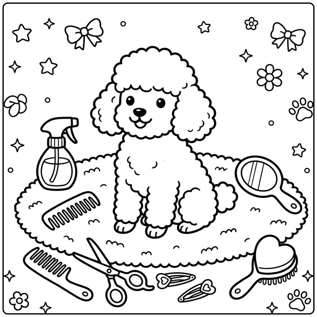 Een schattige kleurplaat poedel met verzorgingsspulletjes.