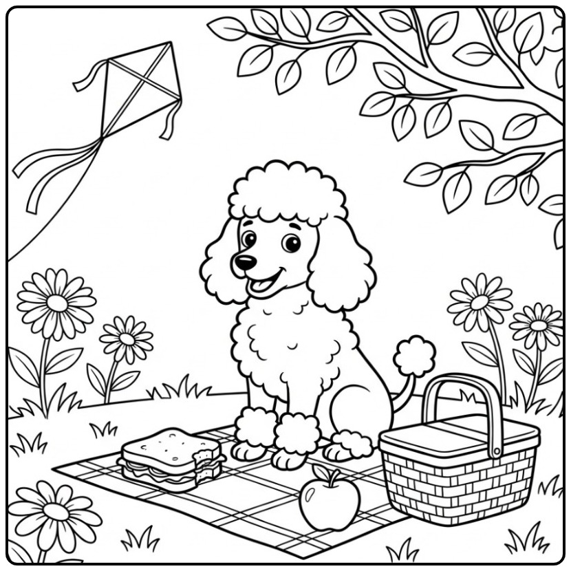 Een schattige kleurplaat poedel die picknickt in het park.