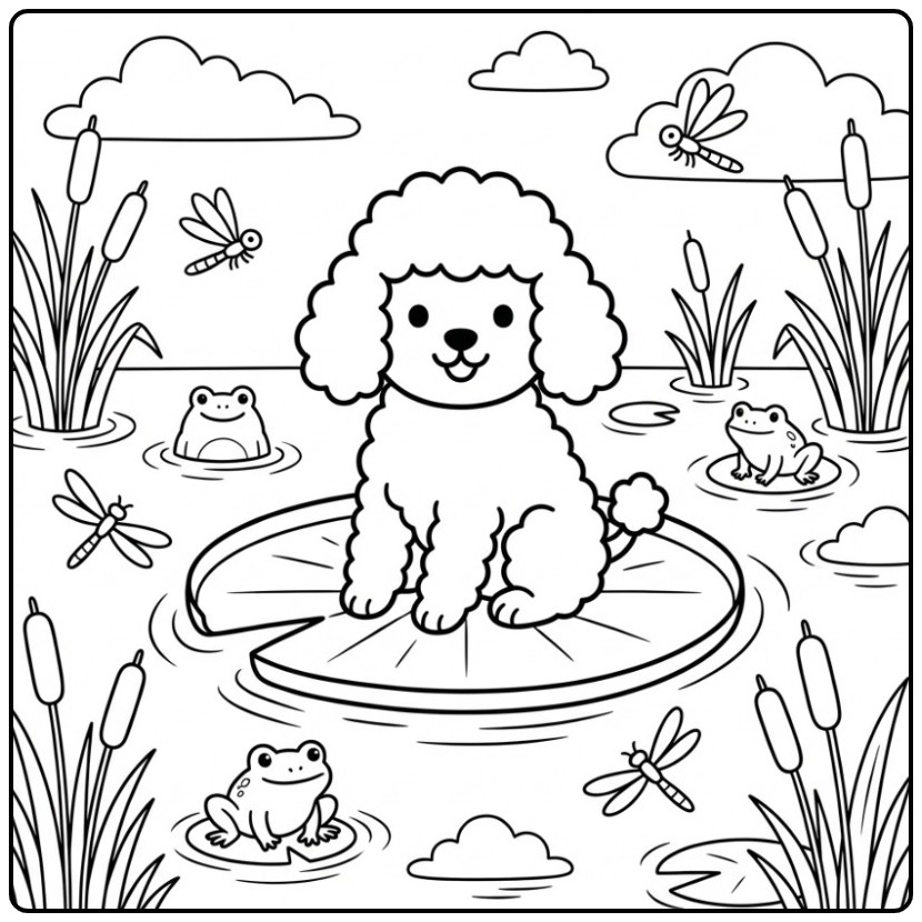Schattige kleurplaat poedel op een lelieblad in de vijver.