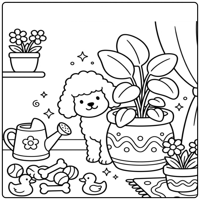 Schattige kleurplaat poedel die achter een plantenpot kijkt.