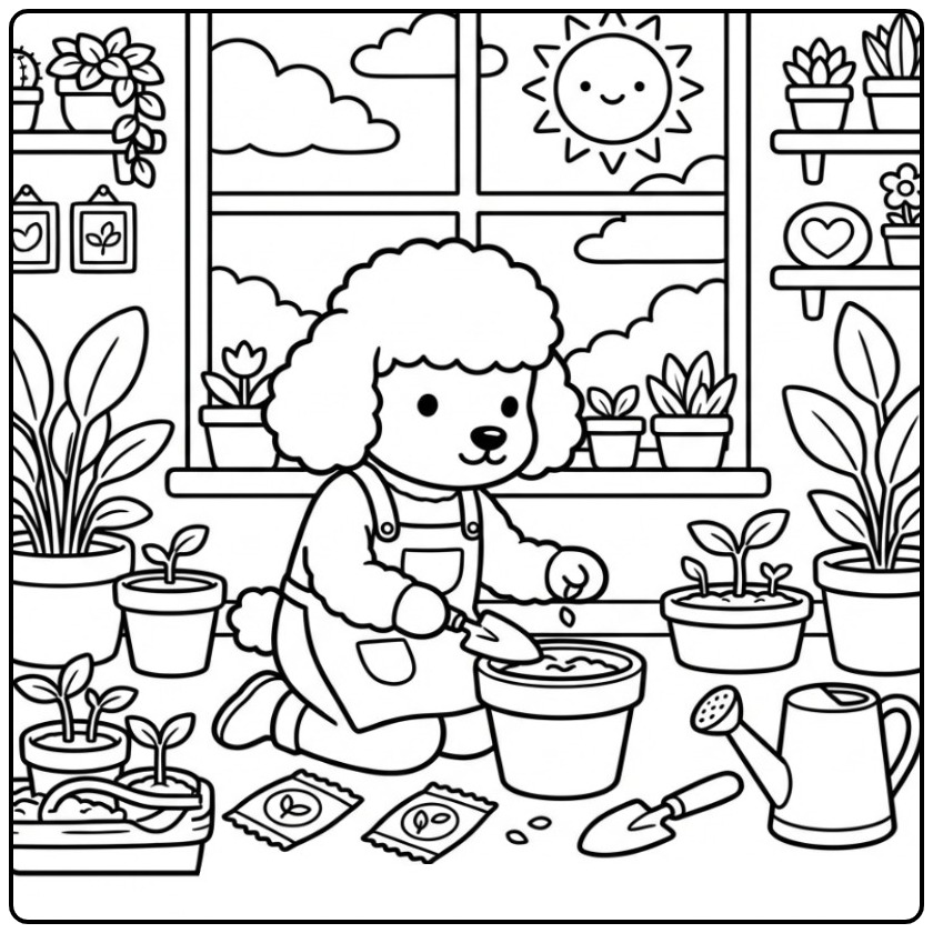 Een schattige kleurplaat poedel die binnen aan het tuinieren is.