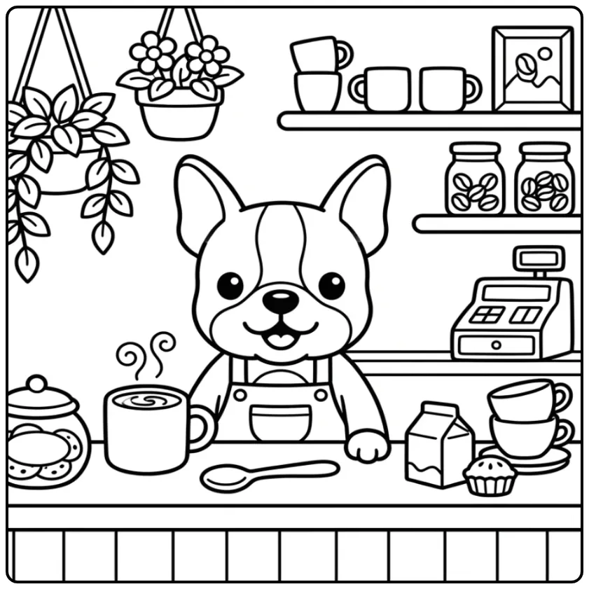 Schattige kleurplaat puppy Boston Terrier als kleine barista.