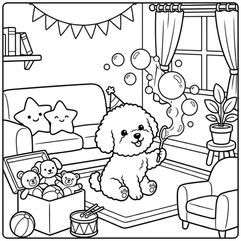 Schattige kleurplaat puppy blaast bellen in de woonkamer.