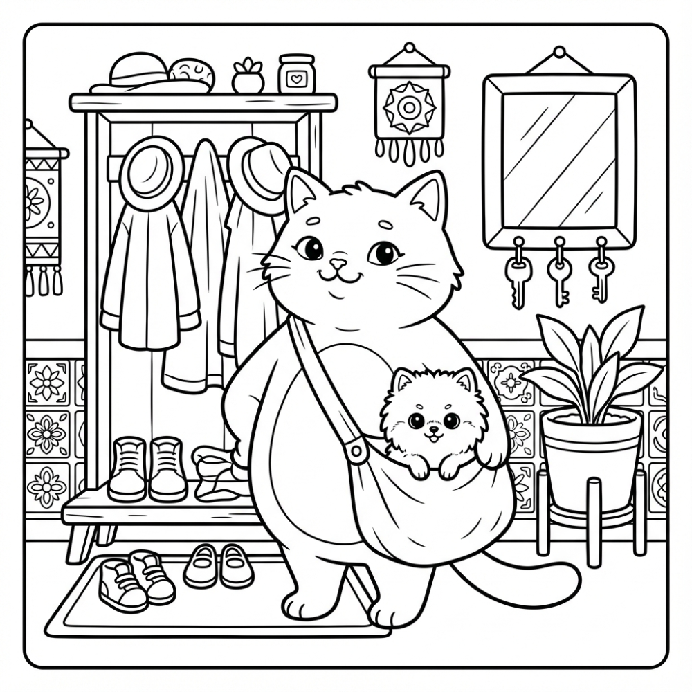 Schattige kleurplaat puppy en kat klaar voor een avontuur.