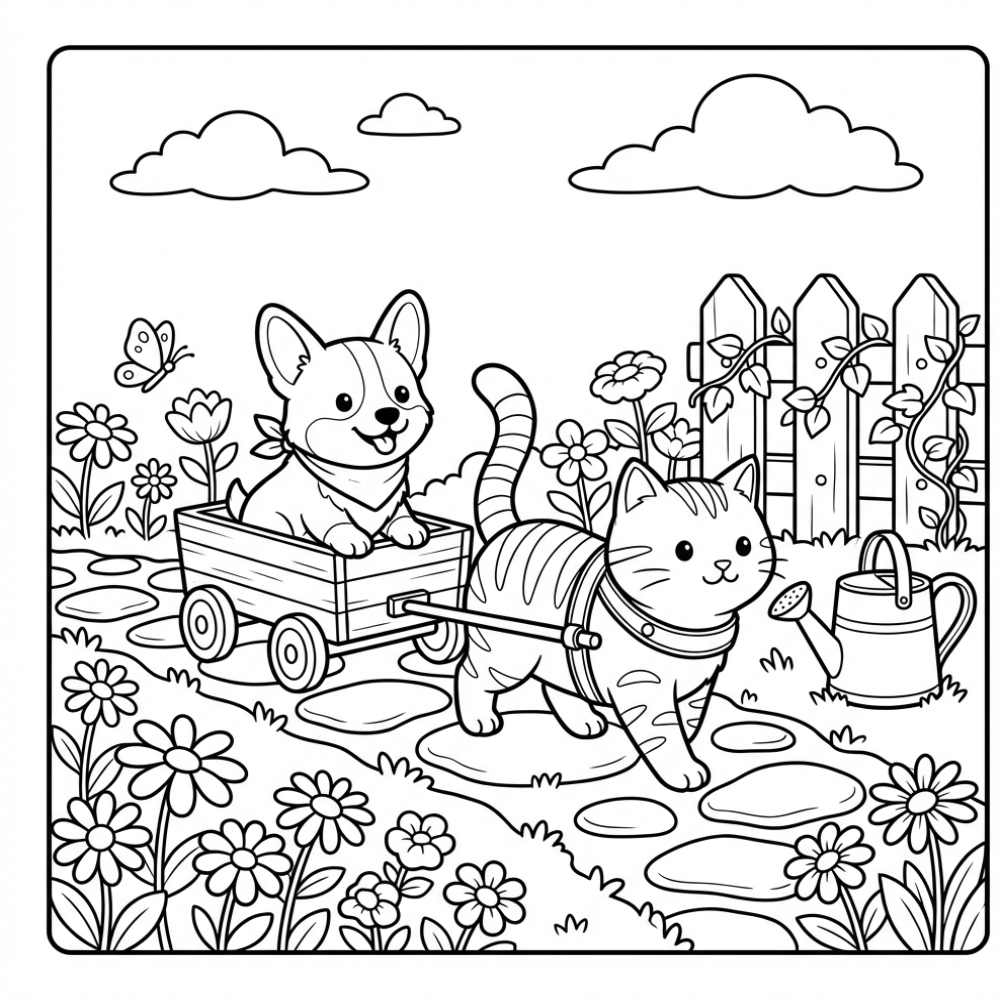 Schattige kleurplaat puppy en kat spelend in de bloementuin