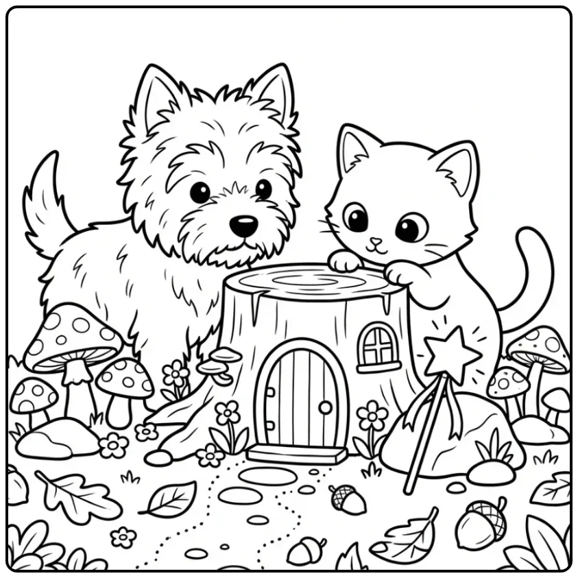 Schattige kleurplaat puppy en kitten in een magische elfentuin.