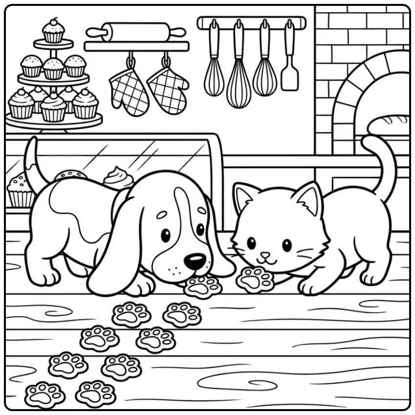 Schattige kleurplaat puppy en kitten in de bakkerij.