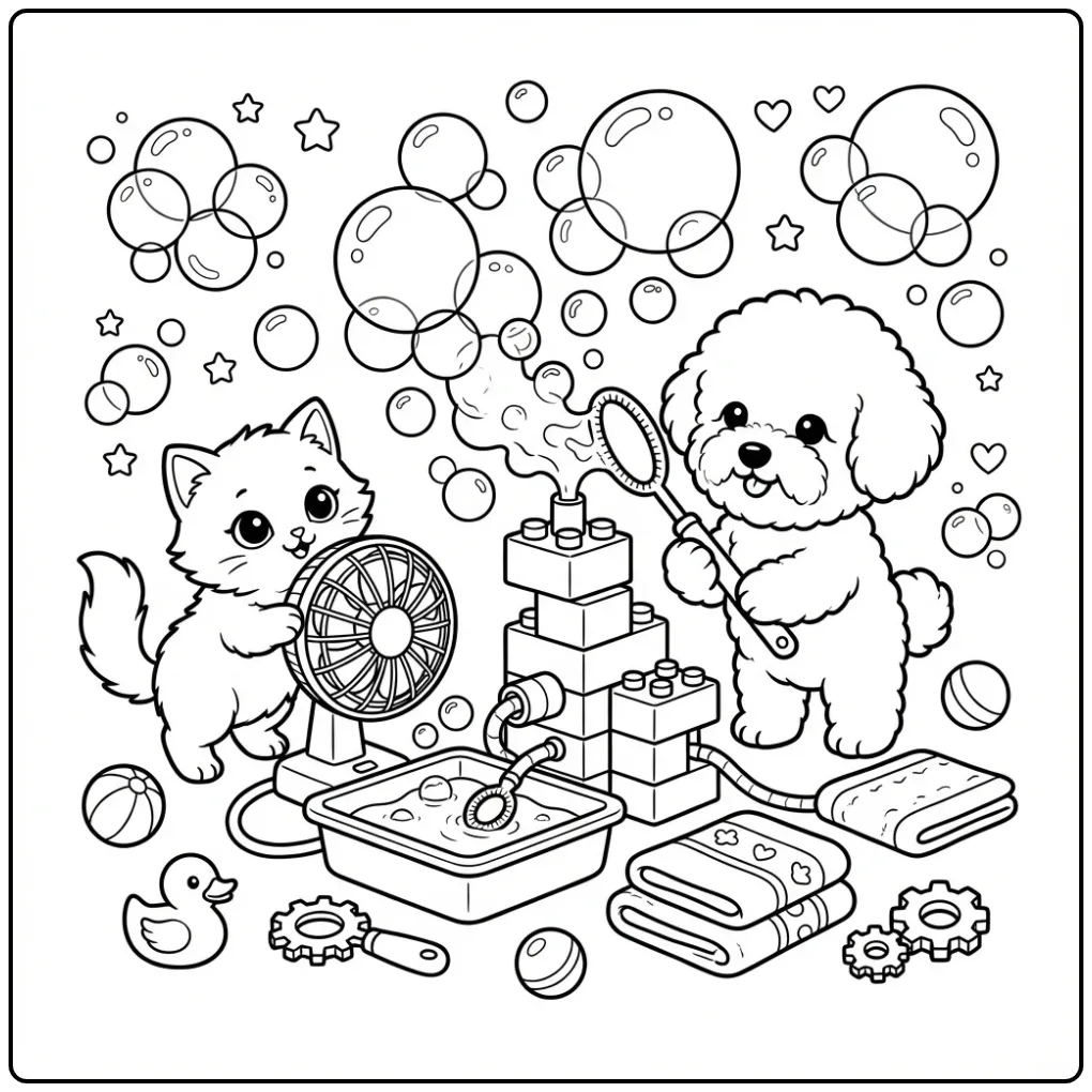 Kleurplaat puppy en kitten spelen met zeepbellen en speelgoed