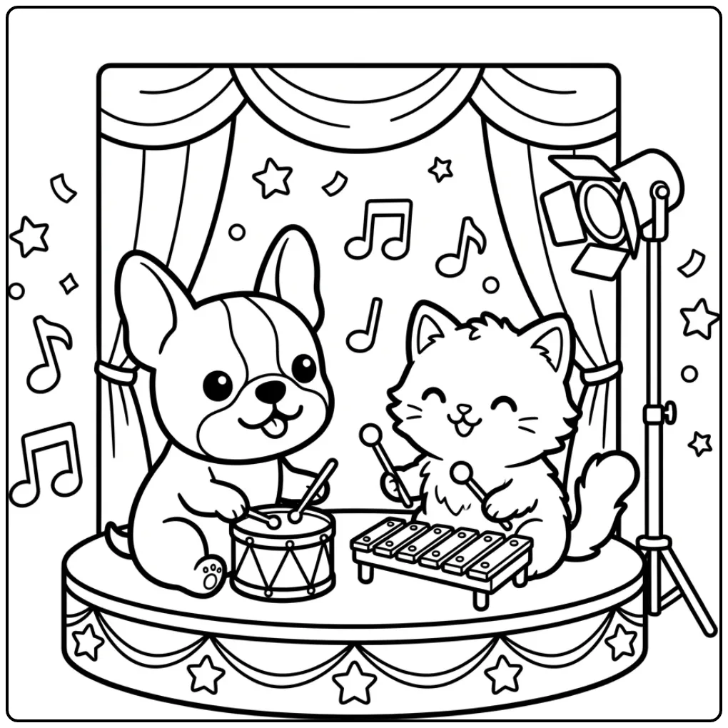 Schattige kleurplaat puppy en kitten maken samen muziek.