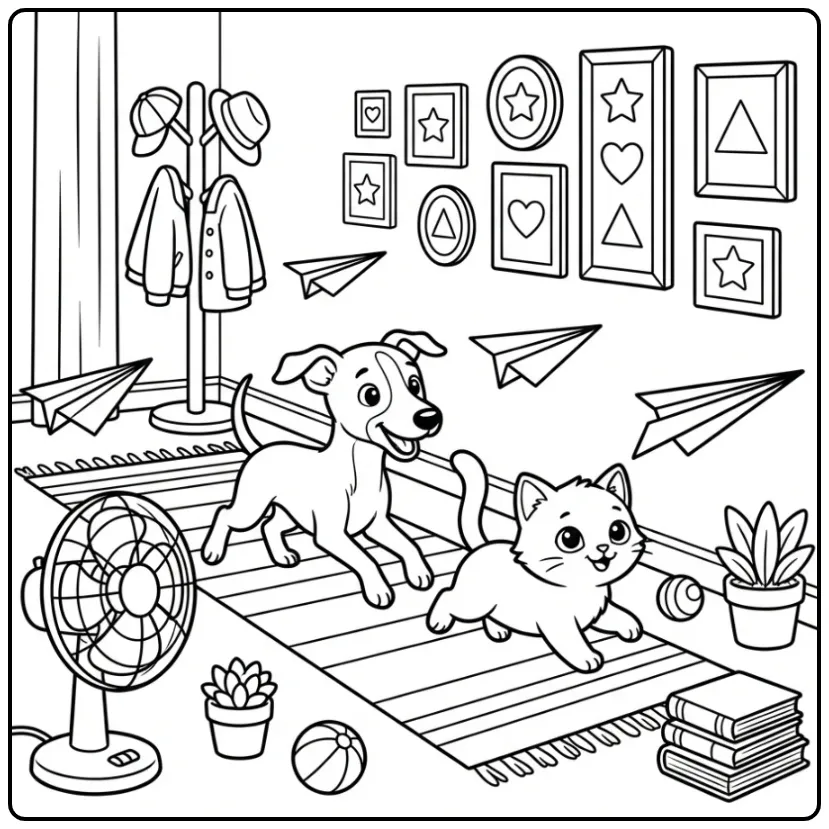 Leuke kleurplaat puppy en kitten racen papieren vliegtuigjes.