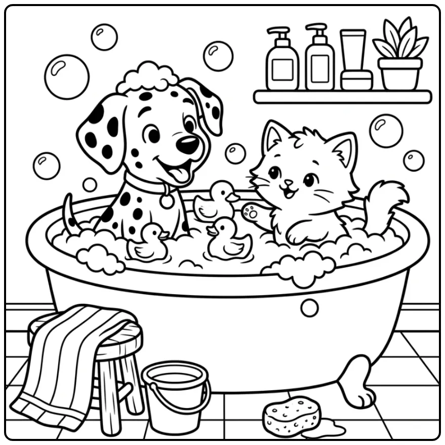 Schattige kleurplaat puppy en kitten in een bad vol schuim.