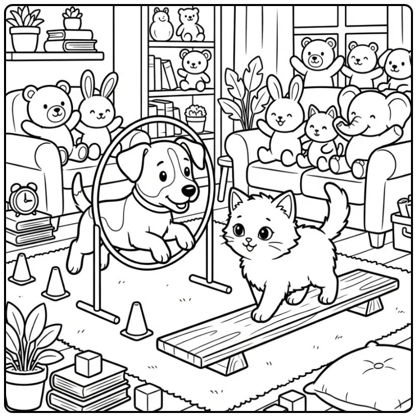 Een leuke kleurplaat puppy en kitten op een hindernisbaan.