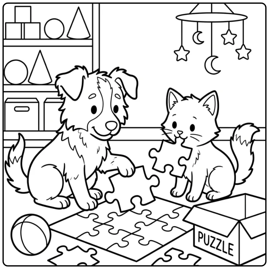 Schattige kleurplaat puppy en kitten maken samen een grote puzzel.