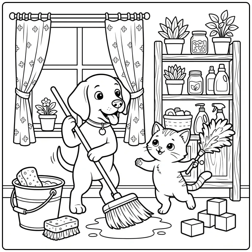 Dansende kleurplaat puppy en kitten met bezem en stoffer.