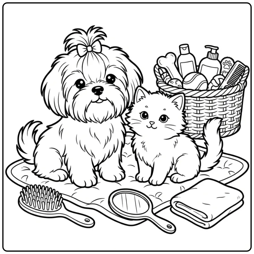 Schattige kleurplaat puppy en kitten met borstel en spiegel.