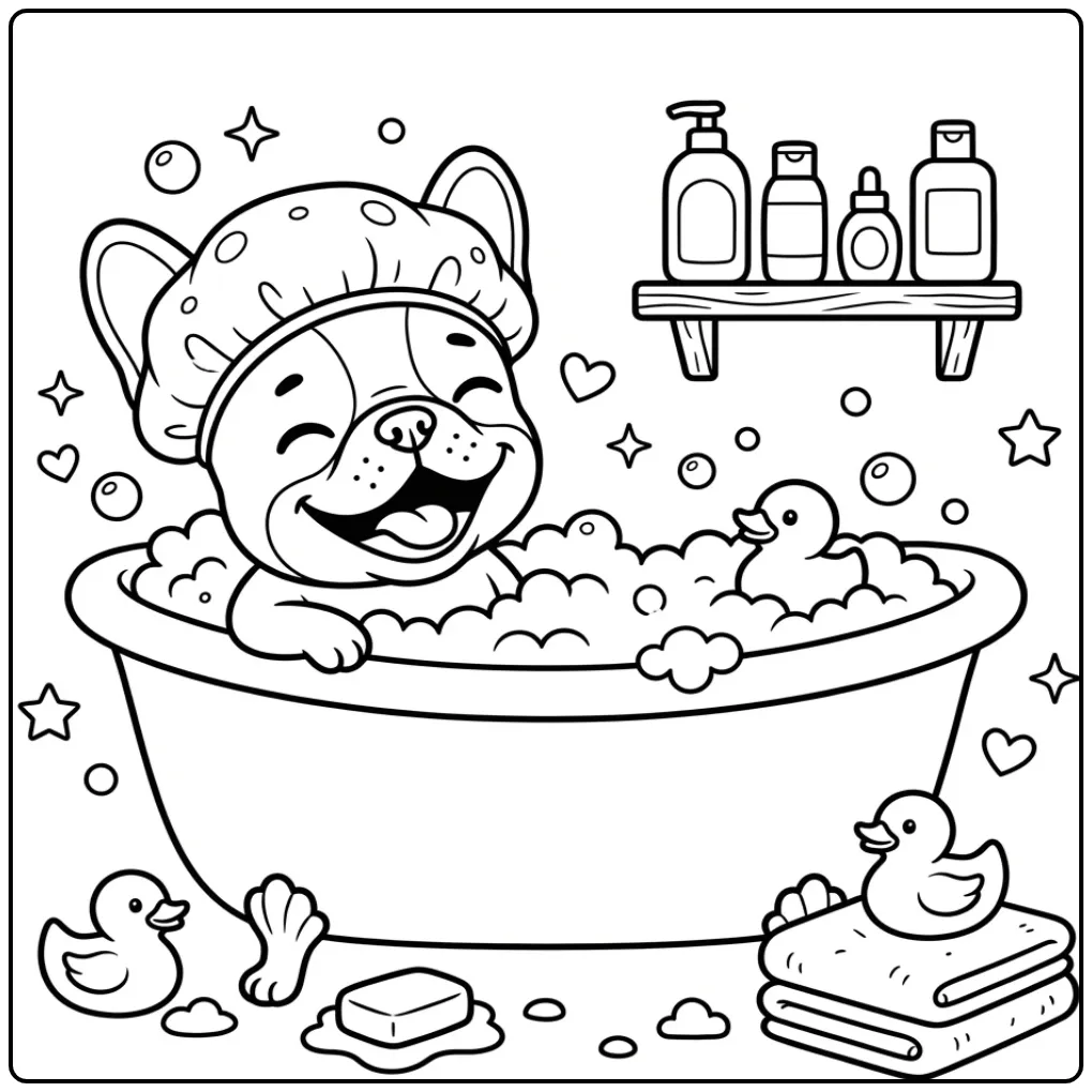 Schattige kleurplaat puppy Franse bulldog in bad met eendjes