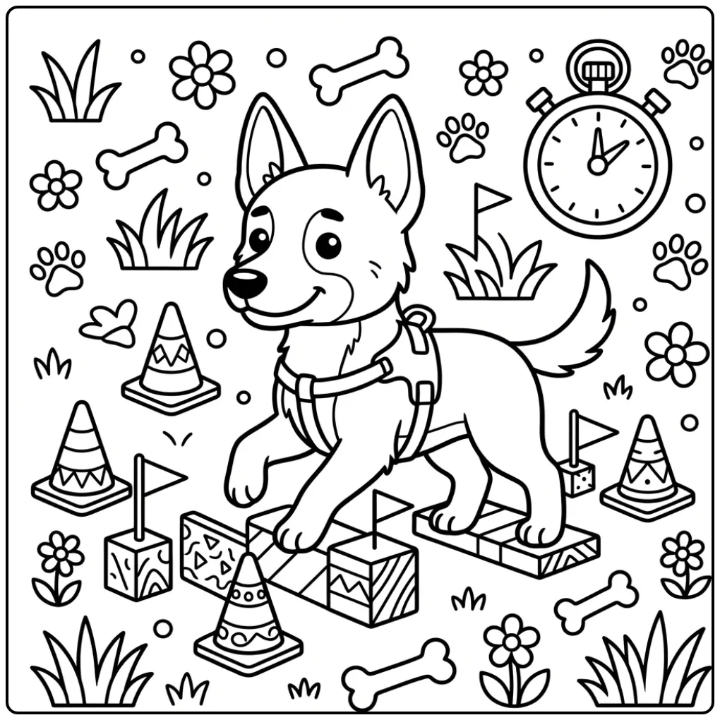 Kleurplaat puppy Belgische Mechelaar op een hindernisbaan.