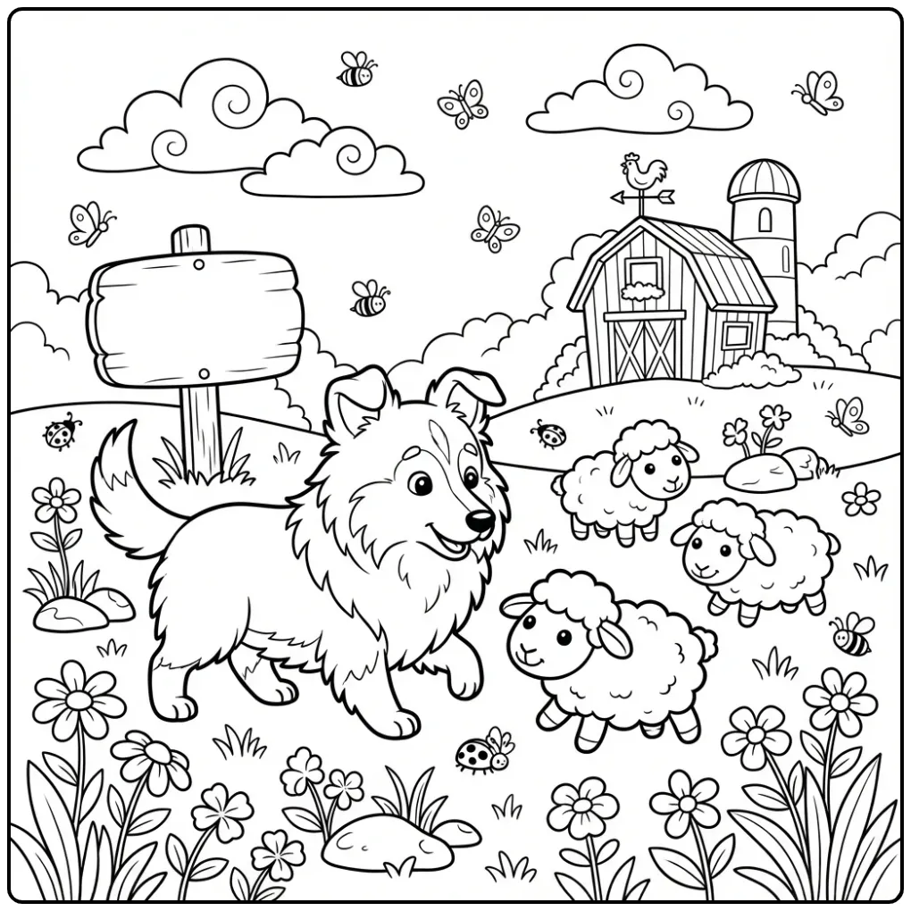 Schattige kleurplaat puppy Shetland Sheepdog in de wei.