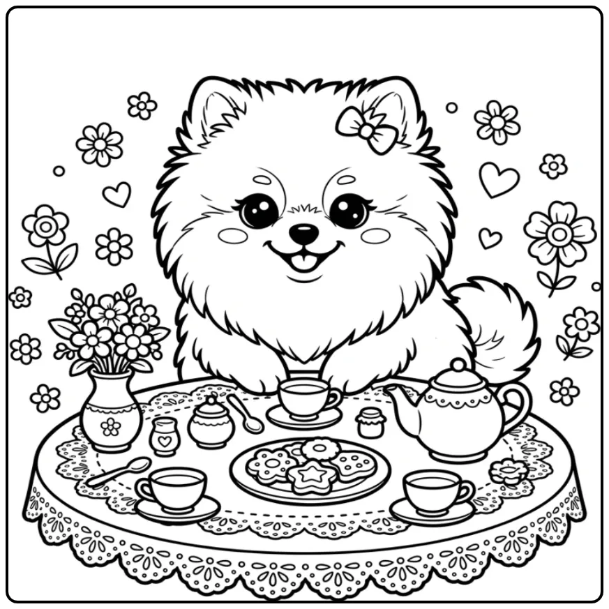 Schattige Pomeranian kleurplaat puppy aan een theetafel.