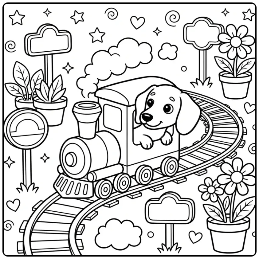 Een schattige kleurplaat puppy teckel in een speelgoedtrein.