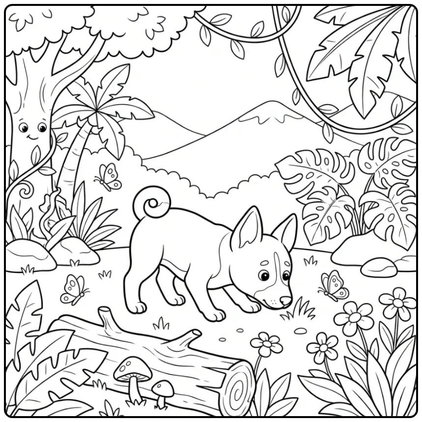 Schattige kleurplaat puppy Basenji in de jungle.