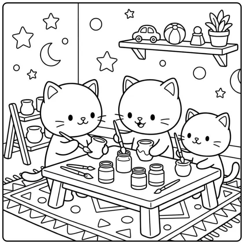 Kleurplaat schattige katjes verven potten in een kunsthoek.