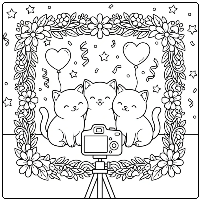 Kleurplaat schattige katjes poseren in een bloemenlijst.