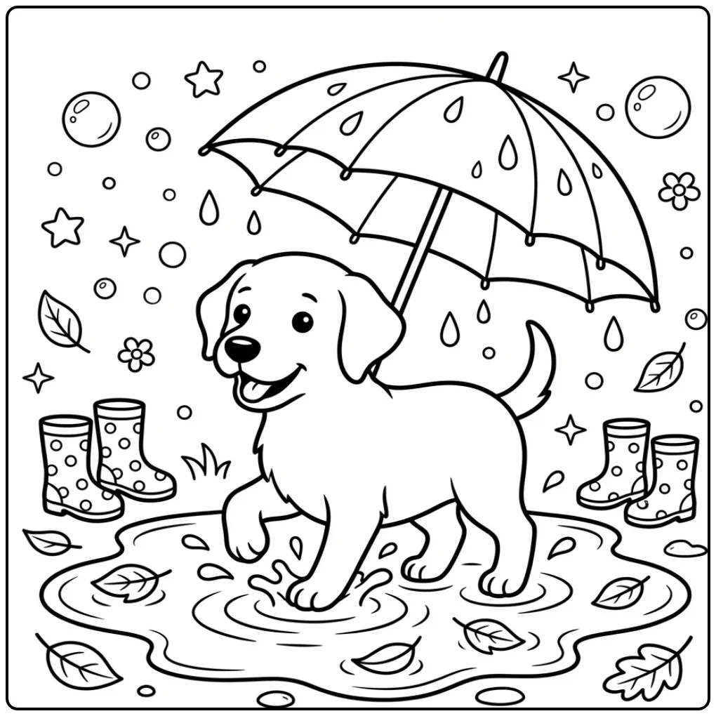 Labrador kleurplaat schattige puppy met paraplu en laarsjes.