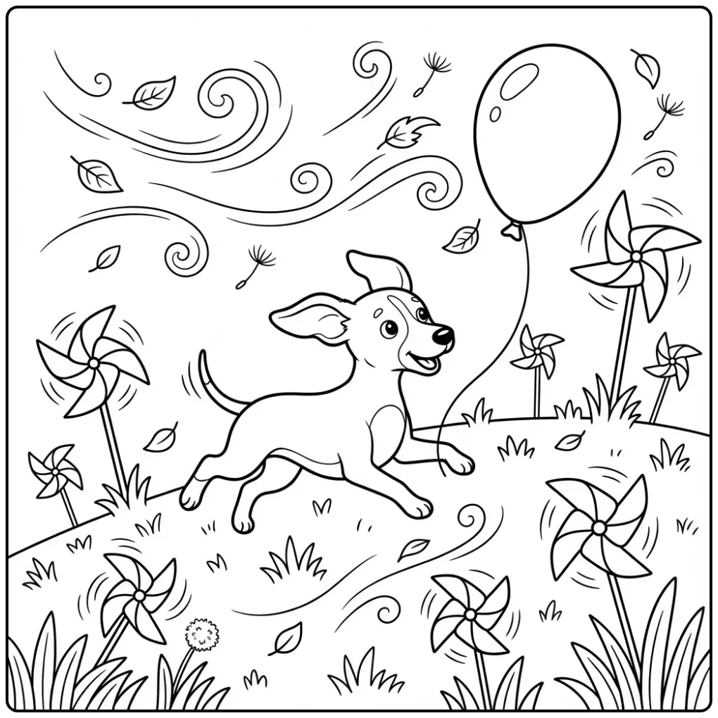Een kleurplaat schattige puppy rent achter een ballon aan.