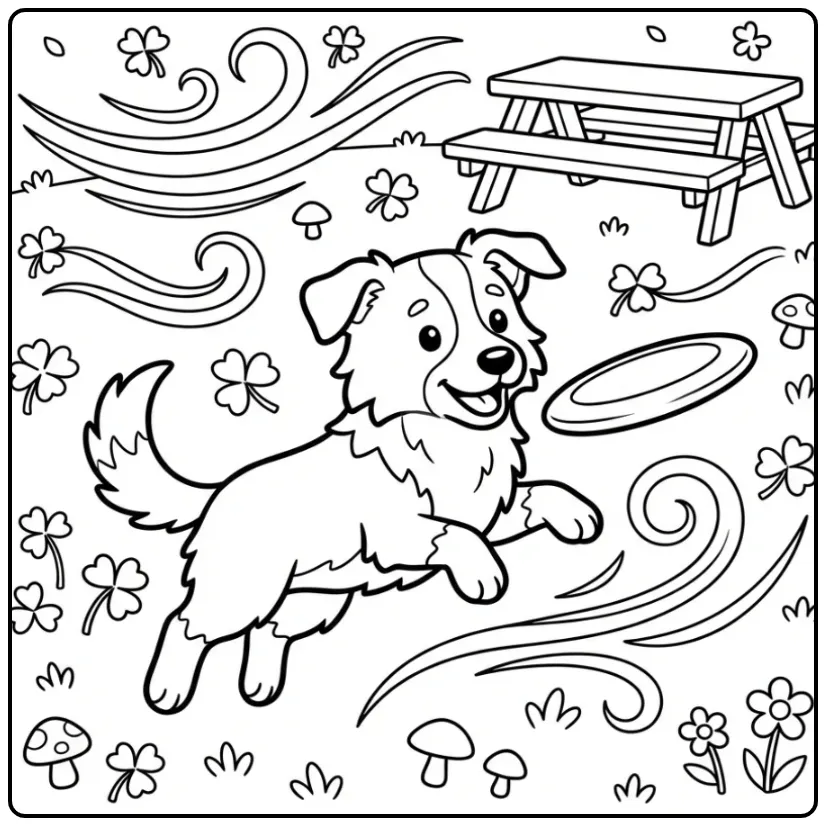 Kleurplaat schattige puppy Border Collie vangt een frisbee.