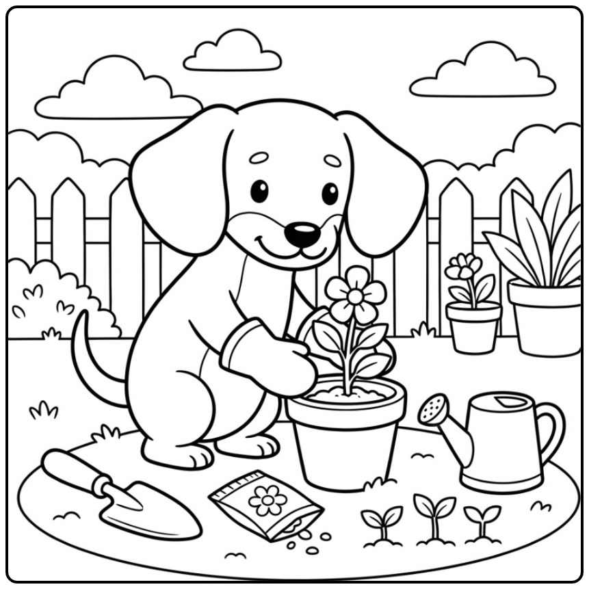 Een schattige kleurplaat teckel die een bloem in een pot plant.