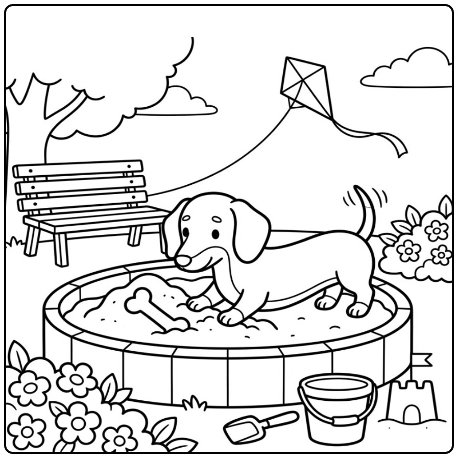 Een leuke kleurplaat teckel die speelt in een zandbak.