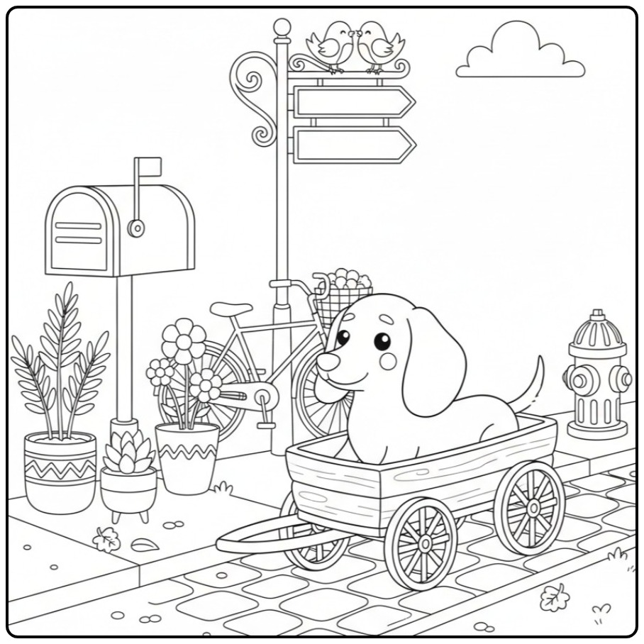 Een schattige kleurplaat teckel in een wagentje op de stoep.