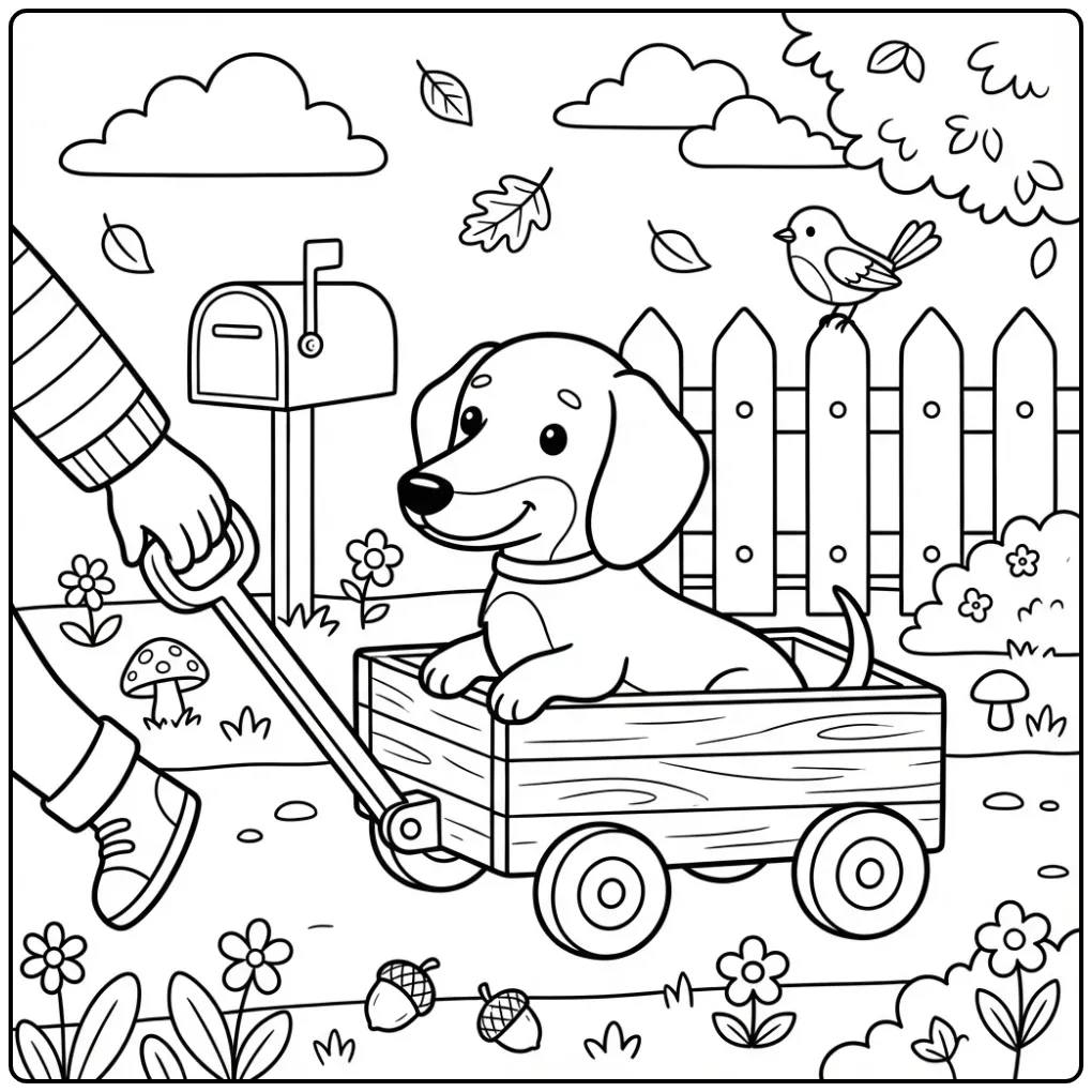 Schattige kleurplaat teckel puppy in een bolderkar bij een hek.