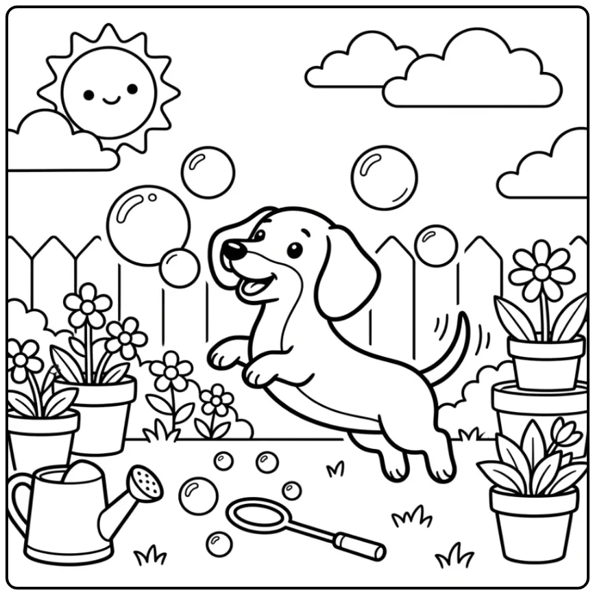 Schattige kleurplaat teckel puppy jaagt op zeepbellen.