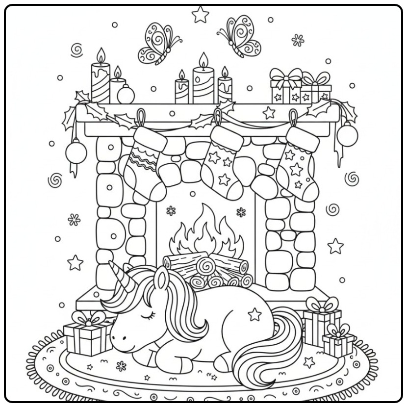 Kleurplaat unicorn en vlinders Kerst: Een slapende eenhoorn bij de open haard.