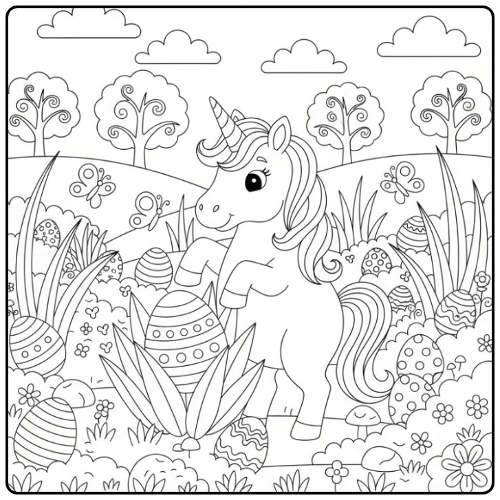 Kleurplaat unicorn en vlinders Pasen in een vrolijk lentelandschap.