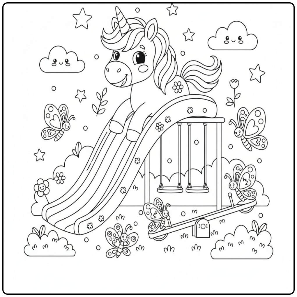 Kleurplaat unicorn en vlinders regenboog op speeltuin glijbaan.
