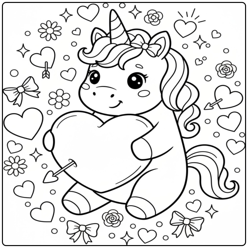 Kleurplaat unicorn hartjes: schattige eenhoorn met een groot hart.