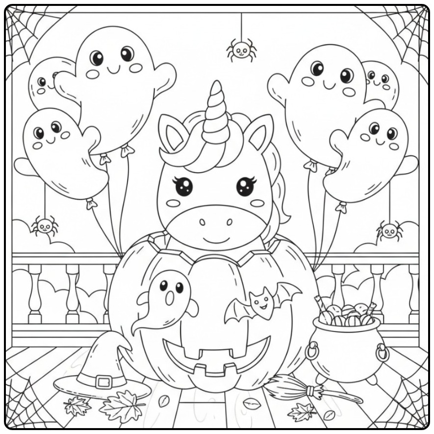 Schattige Kleurplaat unicorn hoofd Halloween in een pompoen.