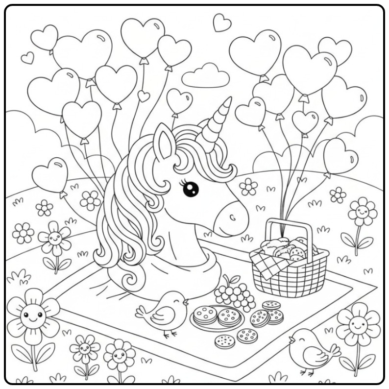 Leuke Kleurplaat unicorn hoofd met hartjes en een picknick.