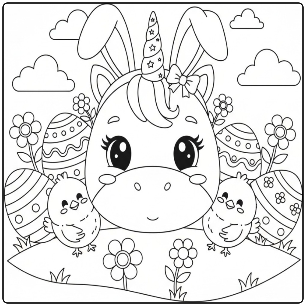 Schattige Kleurplaat unicorn hoofd Pasen met kuikentjes.