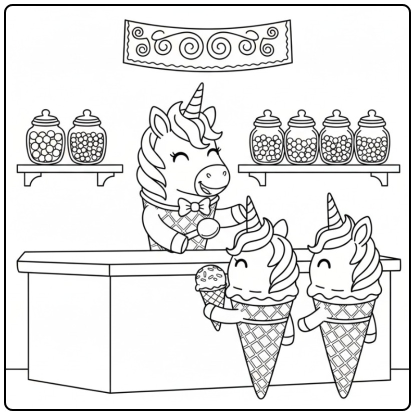 Leuke kleurplaat unicorn ijsje: eenhoorns verkopen zoete lekkernijen.
