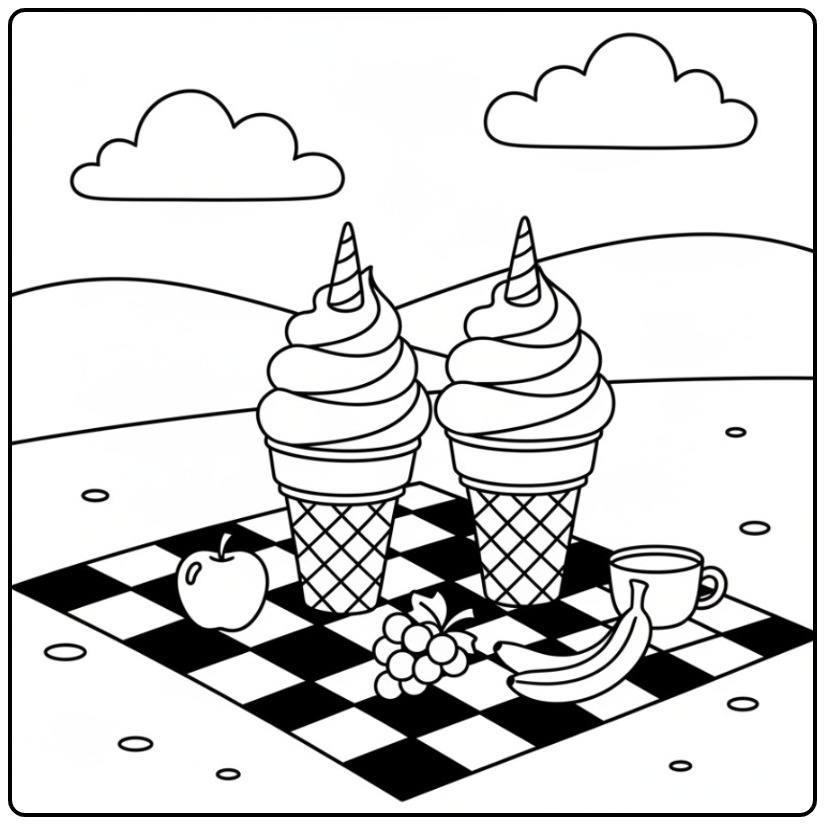 Twee magische kleurplaat unicorn ijsje op een picknickkleed.