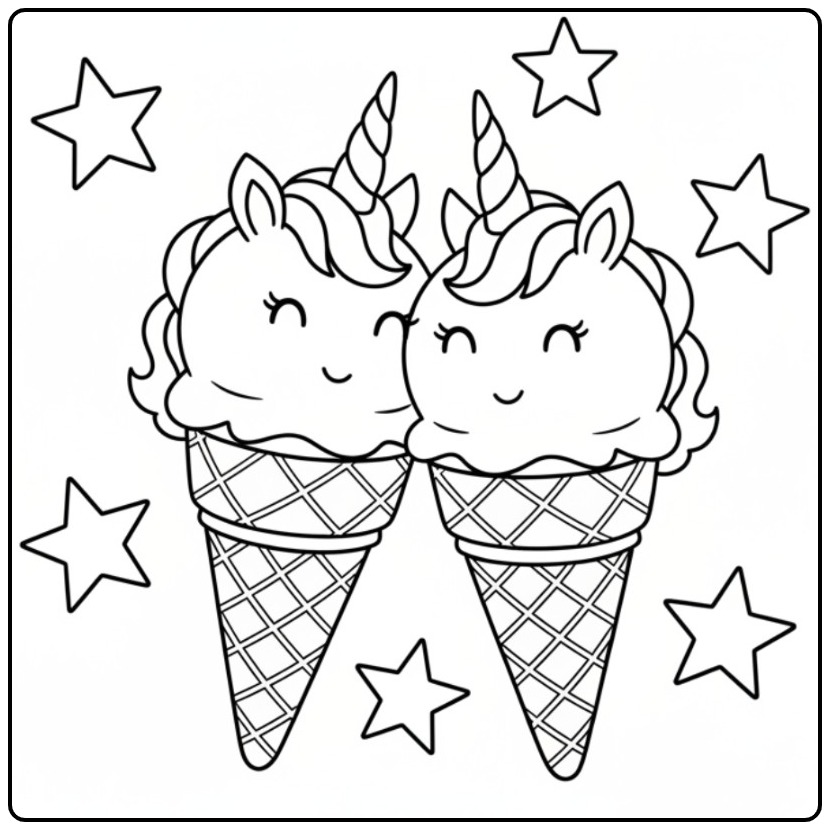 Leuke kleurplaat unicorn ijsje met twee vrolijke eenhoorn ijshoorntjes.