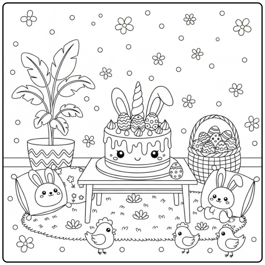 Schattige Kleurplaat unicorn paas taart met kuikens en eitjes.
