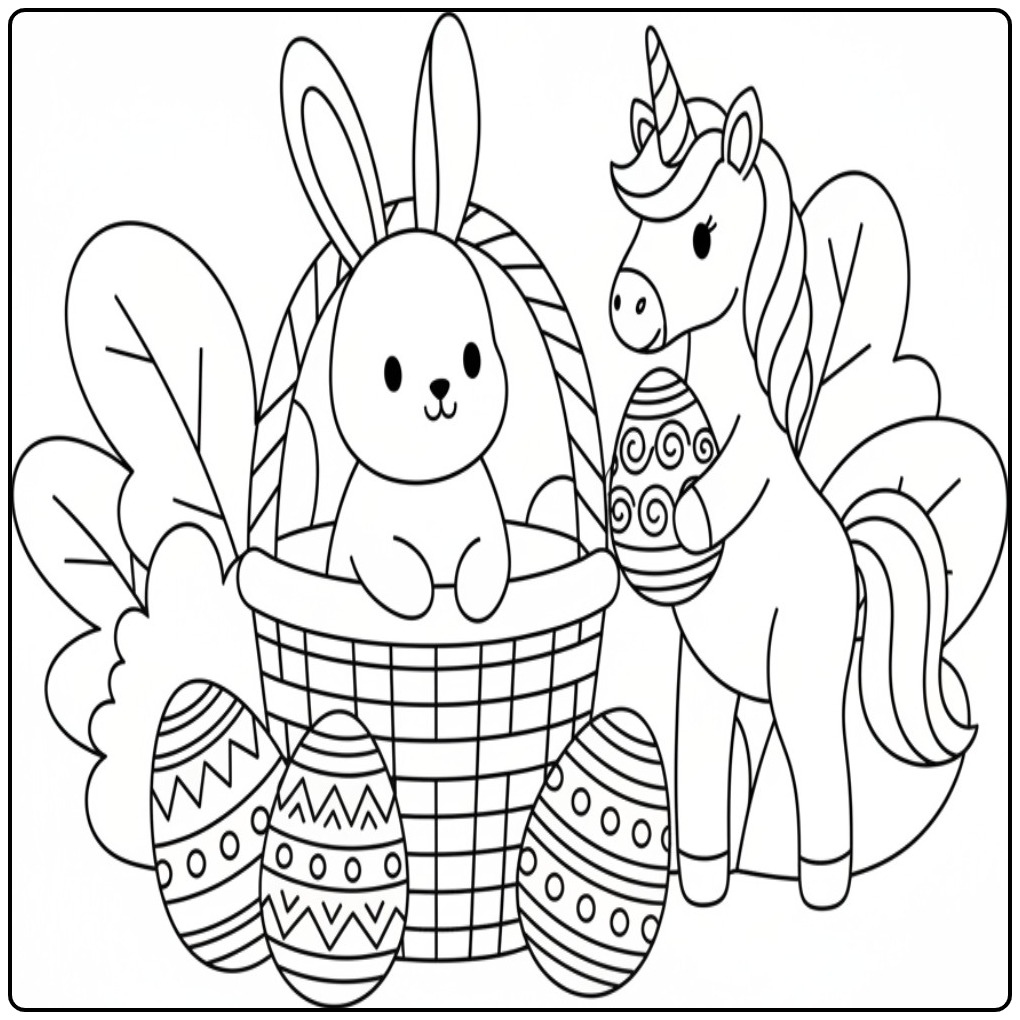 Leuke Kleurplaat unicorn Pasen met paashaas in mand, eieren!