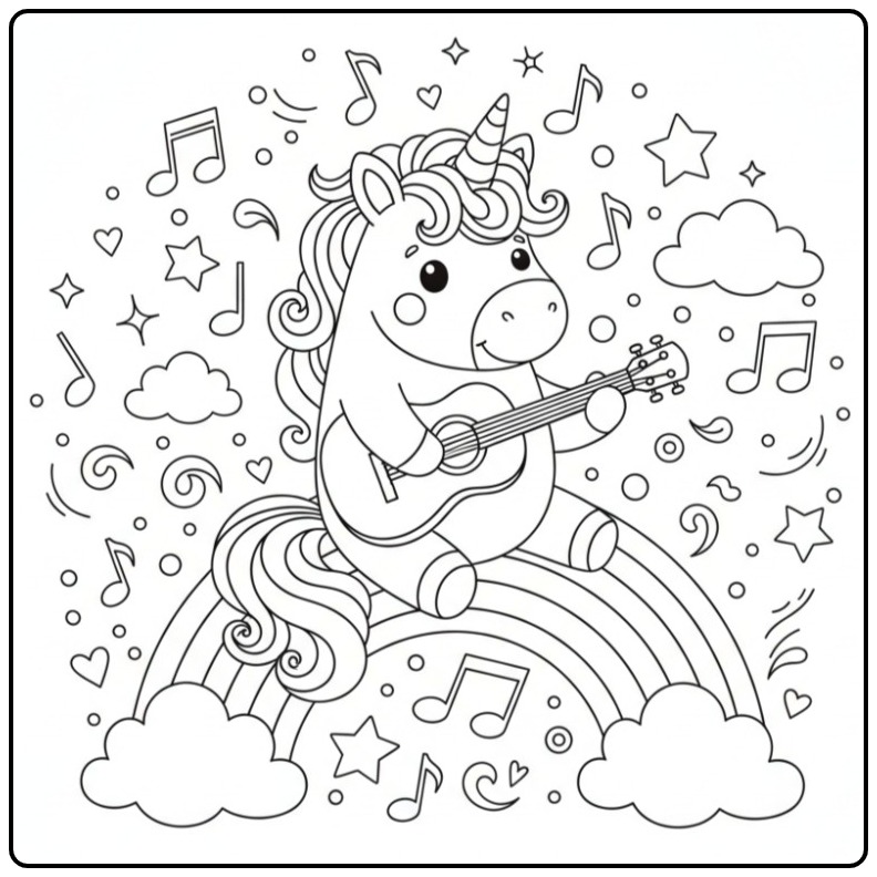 Een muzikale kleurplaat unicorn regenboog spelend op gitaar.